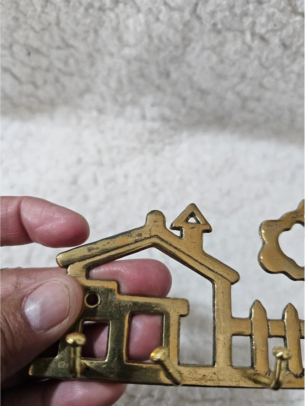 Vtg Wall Mount Key Holder House Tree Picket Fence Solid Brass 4 Key Hooks 4.5